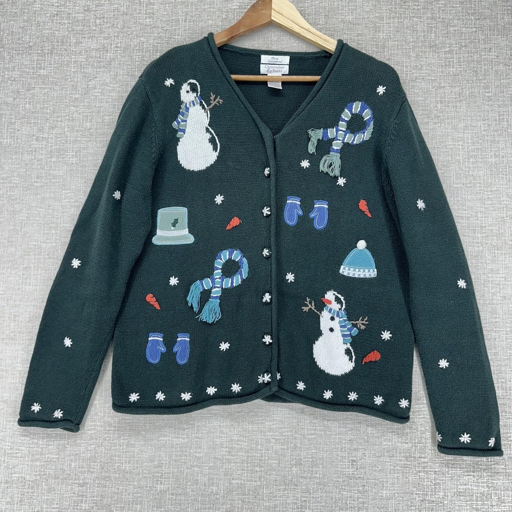 Christopher & Banks Cardigan Sweater Womens Medium Green Snowman Christmas Ugly